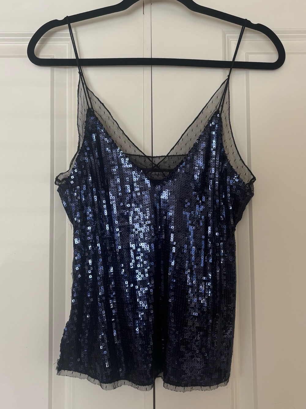 Free People Navy Sequin Cami with Mesh Trim